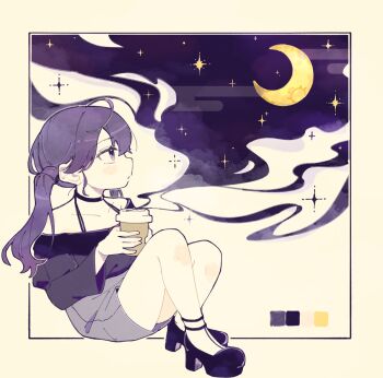  1girl ahoge bare_shoulders black_shirt black_shoes blending border collarbone color_guide commentary_request crescent_moon cup disposable_cup egasumi from_side gakuen_idolmaster grey_skirt halter_shirt halterneck high_heels highres holding holding_cup idolmaster kaya_rinha knees_up komaki_(komaki0769) long_hair looking_up moon night outside_border profile purple_eyes purple_hair shirt shoes sitting skirt sky solo star_(sky) steam twintails upskirt 