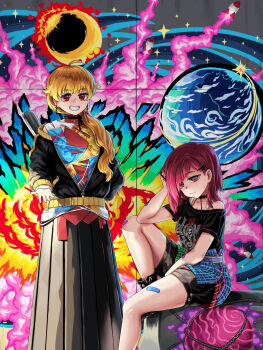  2girls abstract_background alternate_costume alternate_hairstyle bare_shoulders black_shirt black_shorts black_skirt blonde_hair earth_(planet) full_moon goth_fashion hecatia_lapislazuli hell highres junko_(touhou) long_hair medium_hair moon multiple_girls okema planet shirt shorts skirt touhou zipper zipper_pull_tab 