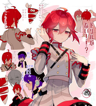  2girls ahoge alternate_costume artist_name beret blush closed_mouth commentary_request emphasis_lines food frown grey_jacket grey_skirt hair_between_eyes hat highres jacket kasane_teto kasane_teto_(sv) kasane_teto_no_ferutago~n_(synthesizer_v) living_hair long_sleeves looking_at_viewer mirror multiple_girls multiple_views necktie nervous_sweating onigiri pajamas pants pink_pants pink_shirt pointing purple_hair purple_necktie red_eyes red_hair sequential shirt skirt spoken_squiggle squiggle sweat synthesizer_v torino_sasami translation_request utane_uta utau white_shirt 