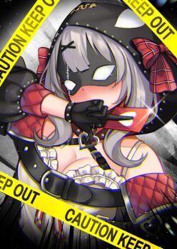  1girl animal_hood black_gloves black_jacket breasts camisole card caution_tape commentary_request frilled_camisole frills gloves grey_hair hair_ornament heart highres hololive hood hoshino_aoi_(la_huynh_hai_than) jacket large_breasts mask orca_hood partial_commentary sakamata_chloe sakamata_chloe_(1st_costume) solo virtual_youtuber white_camisole x_hair_ornament 