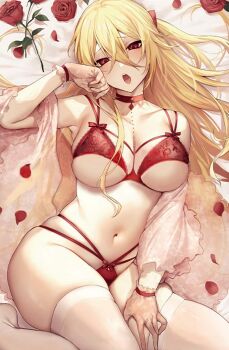  1girl :o arm_up armpits blanket blonde_hair bra breasts choker cleavage crossed_bangs curvy danimaru detexted eiyuu_fuufu_no_tsumetai_shinkon_seikatsu elise_stren flower gloves hair_between_eyes hand_on_own_face hand_on_own_thigh highres lace lace_bra long_hair lying micro_panties multi-strapped_bra multi-strapped_panties navel official_art on_back on_bed panties petals raised_inner_eyebrows red_choker red_eyes red_flower red_rose rose rose_petals see-through_clothes see-through_gloves see-through_shirt shirt solo string_panties thighhighs thighs third-party_edit third-party_source underboob underwear white_thighhighs 