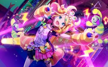  1girl :d aqua_eyes arm_warmers bass_guitar black_choker black_shoes blonde_hair castanets choker clothes_writing colorful_palette fangs game_cg hat heart heart_choker heart_o-ring hibiku_twilight_parade_(project_sekai) highres instrument jewelry kagamine_rin leg_warmers musical_note necklace o-ring official_art open_mouth pink_skirt plaid_clothes plaid_skirt pleated_skirt project_sekai shirt shoes skirt smile solo sparkle striped_arm_warmers striped_hat striped_leg_warmers tambourine third-party_source tongue vocaloid white_shirt wonderlands_x_showtime_rin yellow_arm_warmers yellow_hat yellow_leg_warmers 