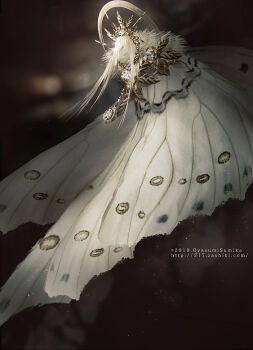  arthropod_boy artist_name blurry blurry_background cloak dated full_body headpiece moth_boy original pixiv_fantasia pixiv_fantasia_last_saga solo watermark web_address white_hair yatsunagi_(oyasumi_sumika) 