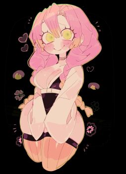  1girl black_background blush braid breasts cleavage closed_mouth commentary_request cropped_legs demon_slayer_uniform double-parted_bangs green_eyes hair_between_eyes heart highres japanese_clothes kanroji_mitsuri kimetsu_no_yaiba kimono large_breasts long_hair long_sleeves looking_at_viewer mole mole_under_eye multicolored_hair pink_hair smile solo thick_thighs thighhighs thighs twin_braids usa37107692 white_kimono wide_hips yellow_thighhighs 