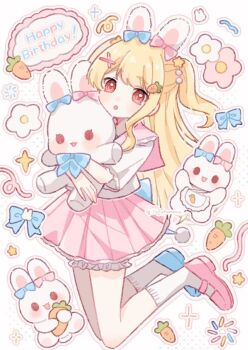 1girl :o animal animal_ears asymmetrical_footwear blonde_hair bloomers blue_shoes blush carrot_hair_ornament commentary food-themed_hair_ornament frilled_sailor_collar frilled_sleeves frills full_body hair_ornament happy_birthday highres holding holding_animal legs_up long_hair looking_at_viewer miniskirt mismatched_footwear open_mouth original pink_sailor_collar pink_shoes pink_skirt rabbit rabbit_ears red_eyes sailor_collar school_uniform serafuku shirt shoes short_sleeves sidelocks skirt socks solo sparkle star_(symbol) star_hair_ornament untranslatable_commentary two_side_up underwear white_bloomers white_shirt white_socks yukomeow