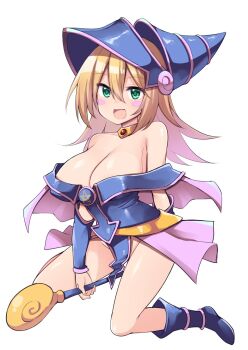 1girl blonde_hair blue_footwear blue_hat blush_stickers breasts chipa_(arutana) cleavage dark_magician_girl duel_monster green_eyes hair_between_eyes hat highres large_breasts medium_hair no_panties simple_background solo wand white_background wizard_hat yu-gi-oh! rating:Sensitive score:32 user:danbooru