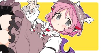  1girl animal_ears bird_ears bird_girl bird_wings blush border brown_dress brown_hat closed_mouth collared_shirt commentary cowboy_shot dot_nose dress earrings grey_eyes hand_up hat ini_(inunabe00) jewelry long_sleeves looking_at_viewer mystia_lorelei outline outside_border pink_hair shirt short_hair simple_background single_earring sleeve_garter solo touhou white_border white_outline white_shirt winged_hat wings 