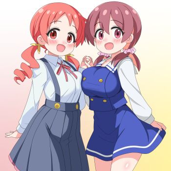  2girls :d asymmetrical_docking black_skirt blue_shirt blue_skirt blush breast_press breasts brown_eyes brown_hair buttons child commentary_request cosplay costume_switch cowboy_shot crossover double-breasted drill_hair gochuumon_wa_usagi_desu_ka? gradient_background hair_between_eyes hair_ornament hair_scrunchie highres holding_hands interlocked_fingers large_breasts long_hair long_sleeves looking_at_viewer low_twintails multicolored_hair multiple_girls murosaki_miyo murosaki_miyo_(cosplay) natsu_megumi natsu_megumi_(cosplay) neck_ribbon onii-chan_wa_oshimai! open_mouth pink_background pink_scrunchie pleated_skirt red_eyes red_hair red_ribbon ribbon sakuzo school_uniform scrunchie shirt simple_background size_difference skirt skirt_hold smile suspender_skirt suspenders taut_clothes taut_shirt twin_drills twintails two-tone_hair white_shirt wing_collar yellow_background yotsuba_university_affiliated_junior_high_school_uniform 
