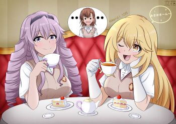  3girls ;d blonde_hair breasts brown_eyes brown_hair brown_sweater_vest cake cake_slice collared_shirt commentary cup drill_hair elbow_gloves elbow_rest food gloves hairband head_rest highres hokaze_junko indoors large_breasts long_hair looking_at_viewer misaka_mikoto multiple_girls one_eye_closed open_mouth purple_eyes purple_hair purple_hairband round_table school_emblem school_uniform shirt shokuhou_misaki short_hair short_sleeves smile sparkling_eyes speech_bubble summer_uniform sweater_vest table tea teacup teapot toaru_kagaku_no_railgun toaru_majutsu_no_index tokiwadai_school_uniform translated twitter_username umaruli_1225 v-neck white_gloves white_shirt yellow_eyes 