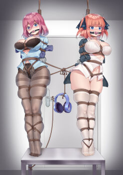  2girls absurdres aiza-ku arms_behind_back ball_gag bdsm black_bra black_legwear black_panties blouse blue_cardigan blue_eyes blush bondage bound bra breast_bondage breasts breasts_out cardigan crotch_rope door full_body gag gagged go-toubun_no_hanayome hair_between_eyes hair_ribbon hanged headphones headphones_removed highres large_breasts medium_hair multiple_girls nakano_miku nakano_nino orange_hair panties panties_under_pantyhose pantyhose peril pink_hair ribbon rope school_uniform shirt table tape tape_bondage taped_hands tearing_up thick_thighs thighband_pantyhose thighhighs thighs tiptoes two_side_up underwear white_bra white_legwear white_panties white_shirt  rating:Questionable score:161 user:flamingjaws234