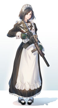  1girl assault_rifle black_dress black_hair bow bowtie commentary_request commission daito dress gloves green_gloves gun h&amp;k_hk416 highres maid optical_sight original rifle short_hair skeb_commission solo suppressor trigger_discipline vertical_foregrip weapon white_background white_bow white_bowtie 