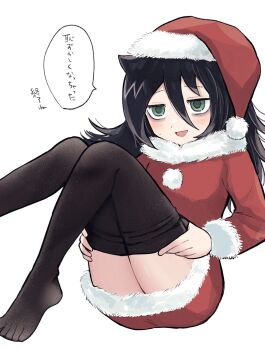  1girl :d bags_under_eyes black_hair black_pantyhose blush commentary_request dress fur_trim green_eyes hair_between_eyes hat highres kuroki_tomoko long_hair long_sleeves looking_at_viewer nuka_(nukamochi) open_mouth pantyhose red_dress red_hair removing_pantyhose santa_costume santa_dress santa_hat smile solo speech_bubble translation_request watashi_ga_motenai_no_wa_dou_kangaetemo_omaera_ga_warui! white_background 