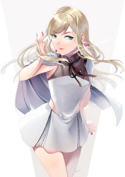  1girl blonde_hair blue_eyes cowboy_shot dress earrings gigi_andalusia gundam gundam_hathaway's_flash highres jewelry long_hair looking_at_viewer nanase_kokono simple_background solo thigh_gap white_background white_dress 
