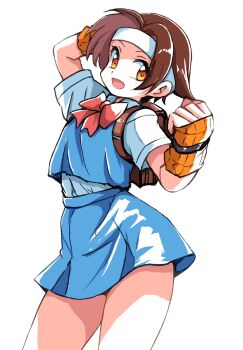  1girl backpack bag blue_skirt blue_vest bow bowtie brown_eyes brown_hair capcom female_focus fingerless_gloves gloves headband highres ikaringo_(ikaringo4444) justice_gakuen red_bow red_bowtie school_uniform short_hair short_sleeves simple_background skirt solo vest wakaba_hinata white_background white_headband yellow_gloves 