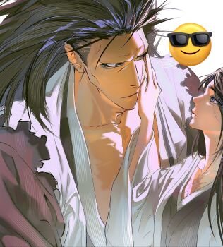  1boy 1girl anima_tion_1 black_hair bleach commentary_request hand_on_another's_face haori highres japanese_clothes korean_commentary long_hair looking_at_another muscular muscular_male scar scar_on_face unohana_retsu zaraki_kenpachi 