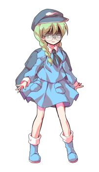  1girl alphes_(style) backpack bag blue_boots blue_hat blue_shirt blue_skirt boots braid collared_shirt commentary_request dairi full_body glasses glasses_kappa green_eyes green_hair hair_between_eyes hair_over_shoulder hair_tie hat kappa_mob_(touhou) large_variant_set legs_apart long_hair long_sleeves miniskirt parody round_eyewear rounded_corners semi-rimless_eyewear shaded_face shirt skirt solo standing style_parody tachi-e touhou transparent_background twin_braids under-rim_eyewear variant_set 