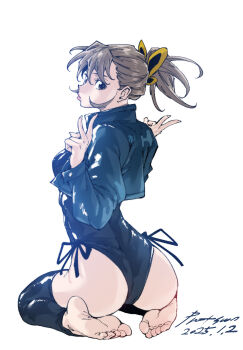  1girl ass barefoot black_leotard breasts brown_eyes brown_hair double_v feet from_behind full_body highleg highleg_leotard highres leggings leotard looking_at_viewer looking_back nabipenciller original ponytail sitting small_breasts soles solo toes v 