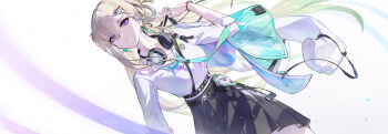  1girl absurdres aqua_necktie black_skirt blonde_hair breasts closed_mouth earrings gradient_hair green_hair hair_between_eyes hair_ornament headphones headphones_around_neck highres huqu_(huqu45712) id_card jacket jewelry long_hair looking_ahead looking_at_viewer lynae_(wuthering_waves) medium_breasts missing_commentary multicolored_hair necktie purple_eyes shirt shirt_tucked_in skirt skull_hair_ornament solo star_(symbol) star_earrings white_jacket white_shirt wuthering_waves 
