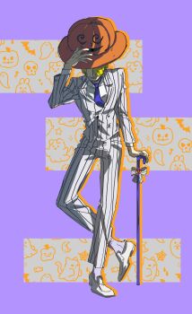  1boy blonde_hair blue_necktie cane facial_hair full_body goatee hashtag-only_commentary hat hat_over_eyes highres holding holding_cane male_focus mrjieshisu mustache necktie one_piece pumpkin_hat purple_background sanji_(one_piece) shirt shoes short_hair smile socks solo vertical-striped_suit white_shirt white_shoes 
