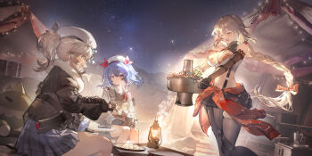  3girls ammunition black_gloves blue_eyes blue_hair blush_stickers braid braided_ponytail breasts campfire camping chopsticks cleavage closed_eyes colphne_(girls'_frontline_2) cup dalanxia detached_sleeves dumpling food fur_trim game_cg girls'_frontline girls'_frontline_2:_exilium gloves hat highres holding holding_chopsticks holding_cup hotpot lantern large_breasts magazine_(weapon) midriff multiple_girls official_art overalls pleated_skirt qiuhua_(girls'_frontline_2) red_eyes shotgun_shell skirt sky star_(sky) starry_sky thighhighs type_97_shotgun_(girls'_frontline) vepley_(girls'_frontline_2) white_hat 