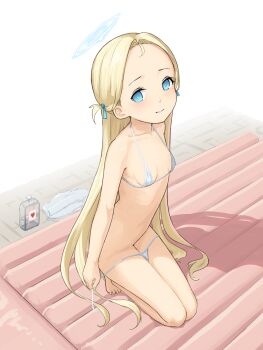 1girl bikini bikini_pull blonde_hair blue_archive blue_eyes bottle breasts clothes_pull forehead halo highres loli long_hair lotion lotion_bottle mat pulling_own_clothes shin_(shincrz) side-tie_bikini_bottom sitting small_breasts solo sora_(blue_archive) swimsuit thighs undressing untied_bikini very_long_hair white_bikini rating:Questionable score:503 user:danbooru