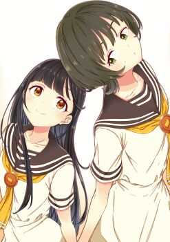  2girls back-to-back black_hair blunt_bangs brown_eyes brown_sailor_collar brown_serafuku closed_mouth collarbone commentary_request dress from_side gondou_asami green_eyes green_hair highres holding_hands long_hair looking_at_another make_heroine_ga_oo_sugiru! momozono_junior_high_school_uniform mono9ron multiple_girls neckerchief nukumizu_kaju sailor_collar sailor_dress school_uniform serafuku short_hair short_sleeves simple_background very_long_hair white_background white_dress yellow_neckerchief yuri 