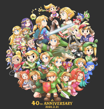 2026 6+boys 6+girls absolutely_everyone absurdres ahegao alternate_color anniversary aogaeru_(pixiv46613656) aqua_dress armor bangle beak beard belt belt_buckle black_background black_eyes black_skin blonde_hair blue_eyes blue_hair blue_hat boots bracelet breasts brown_belt brown_boots brown_gloves brown_hair buckle carrying chainmail champion's_tunic_(zelda) colored_sclera colored_skin commentary dark-skinned_female dark_skin dated din dress earrings everyone ezlo facial_hair fang fingerless_gloves flower gloves glowing glowing_sword glowing_weapon gold_bangle green_hair green_tunic grin hair_flower hair_ornament harp hat helmet hibiscus highres holding holding_harp holding_map holding_ocarina holding_shield holding_sword holding_weapon imp instrument jewelry leather leather_gloves linebeck link loftwing long_hair majora_(zelda) map marin_(zelda) master_sword midna mini_hat multicolored_skin multiple_boys multiple_girls mustache navi nayru nintendo open_mouth orange_hair pink_dress pointy_ears ponytail princess_hilda princess_zelda purple_hair purple_hat red_eyes red_hair red_hat rupee_(zelda) salute shield shoulder_armor shoulder_carry sidelocks sleeveless sleeveless_dress small_breasts smile sparkle super_smash_bros. sword tan tatl tattoo tetra the_legend_of_zelda the_legend_of_zelda:_a_link_between_worlds the_legend_of_zelda:_a_link_to_the_past the_legend_of_zelda:_breath_of_the_wild the_legend_of_zelda:_echoes_of_wisdom the_legend_of_zelda:_four_swords the_legend_of_zelda:_link's_awakening the_legend_of_zelda:_majora's_mask the_legend_of_zelda:_ocarina_of_time the_legend_of_zelda:_oracle_of_ages the_legend_of_zelda:_oracle_of_seasons the_legend_of_zelda:_phantom_hourglass the_legend_of_zelda:_skyward_sword the_legend_of_zelda:_spirit_tracks the_legend_of_zelda:_tears_of_the_kingdom the_legend_of_zelda:_the_minish_cap the_legend_of_zelda:_the_wind_waker the_legend_of_zelda:_tri_force_heroes the_legend_of_zelda:_twilight_princess the_legend_of_zelda_(nes) tiara toon_link toon_zelda train_conductor tri_(zelda) triforce triforce_tattoo tunic two-tone_skin wand weapon white_skin wind_waker_(object) wolf_link yellow_sclera young_link zelda_ii:_the_adventure_of_link