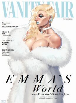  1girl 2025 alternate_costume bare_shoulders big_nose blonde_hair blue_eyes blue_eyeshadow blue_lips breasts character_name choker cleavage coat commentary copyright_name cover earrings emma_frost english_commentary english_text eyeshadow fake_magazine_cover fur_coat highres jewelry large_breasts long_hair looking_to_the_side magazine_cover makeup marvel marvel_rivals mature_female naked_coat pepedraws profile side_part solo white_background white_choker white_coat white_theme x-men 