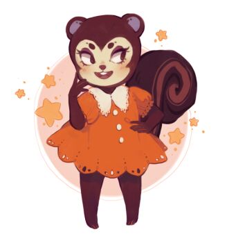  animal_crossing dress hand_on_own_hip looking_away nintendo orange_background orange_dress pecan_(animal_crossing) standing star_(symbol) starpatches white_background 