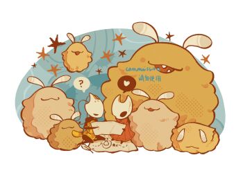  2girls :3 ? antennae arthropod_girl artist_name black_eyes black_skin brown_fur cloak colored_skin commission flea_(hollow_knight) fluffy full_body heart highres holding holding_map hollow_eyes hollow_knight hollow_knight:_silksong horned_mask hornet_(hollow_knight) horns huge_flea_(hollow_knight) insomnine111 map map_(object) mask multiple_girls open_mouth red_cloak shakra_(hollow_knight) single_horn sitting sparkle spoken_heart spoken_question_mark white_mask 