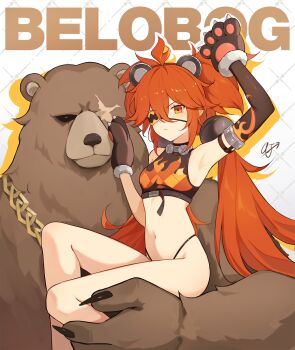  1boy 1girl animal_hands ark_john_up arm_up armpits bare_shoulders bear ben_bigger breasts commentary crop_top eyepatch gloves hair_between_eyes hair_ornament highres koleda_belobog loli long_hair looking_at_viewer navel orange_eyes orange_hair paw_gloves sitting small_breasts sphere_hair_ornament stomach thighs very_long_hair zenless_zone_zero  rating:Sensitive score:64 user:danbooru