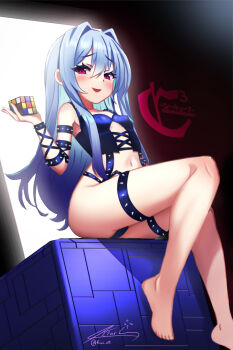  1girl absurdres arm_strap arm_up ass barefoot black_bustier black_panties blue_hair blush breasts bustier cube_x_cursed_x_curious fear_kubrick feet female_focus hair_intakes highres kiari_art legs loli long_hair looking_at_viewer mesugaki navel open_mouth panties red_eyes rubik's_cube small_breasts smile solo thigh_strap thighs toes underwear 