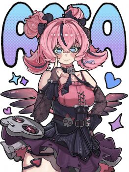  1girl aria_(discordant_note)_(zenless_zone_zero) aria_(zenless_zone_zero) bare_shoulders black_bridal_gauntlets black_hair black_shoes black_streaks black_thighhighs blue_eyes blush bridal_gauntlets commentary_request crossed_bangs demon_tail demon_wings double_v dress from_side hair_between_eyes highres looking_at_viewer multicolored_hair official_alternate_costume pink_hair shisunomiunko shoes simple_background skull_ornament smile solo sparkle star-shaped_pupils star_(symbol) streaked_hair symbol-shaped_pupils tail thighhighs tongue tongue_out v white_background wings zenless_zone_zero 