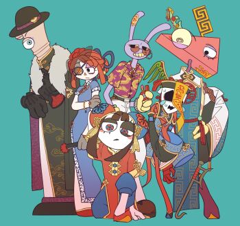  1other 2boys 3girls absurdres alternate_costume aqua_background black_eyes black_gloves black_hair blue_dress blue_eyes chess_piece china_dress chinese_clothes commentary double_bun dragon_print dress english_commentary fedora fishnet_gloves fishnets full_body fur_trim gangle_(the_amazing_digital_circus) gloves hair_bun hand_fan hat highres holding holding_fan holding_lighter jax_(the_amazing_digital_circus) jiangshi kamiko50000e2 king_(chess) kinger_(the_amazing_digital_circus) lighter long_sleeves looking_at_viewer mask multicolored_eyes multiple_boys multiple_girls on_one_knee pomni_(the_amazing_digital_circus) purple_shirt rabbit_boy ragatha_(the_amazing_digital_circus) red_eyes shirt short_hair smirk sunglasses the_amazing_digital_circus two-tone_eyes wide_sleeves yellow_gloves zooble_(the_amazing_digital_circus) 