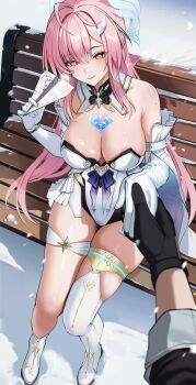  1boy 1girl absurdres adoptive_parent_and_adoptive_child aemeath_(wuthering_waves) ahoge ateoyh bare_shoulders black_gloves breasts breath cleavage closed_mouth commentary_request elbow_gloves father_and_daughter from_above gloves hair_ornament highres holding holding_paper_airplane large_breasts leotard long_hair looking_at_viewer male_rover_(wuthering_waves) mole mole_on_shoulder on_bench orange_eyes outdoors paid_reward_available paper_airplane pink_hair ponytail pov pov_hands rover_(wuthering_waves) showgirl_skirt sitting skirt smile snowing star-shaped_pupils star_(symbol) strapless strapless_leotard symbol-shaped_pupils tacet_mark_(wuthering_waves) taking_another's_hand thighs white_gloves white_leotard white_skirt wuthering_waves 