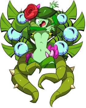  1girl armpits arms_up bare_shoulders blush bouncing_breasts breasts breasts_out colored_nipples eyeball eyelashes flower flower_on_head green_nipples highres looking_at_viewer monster_girl multiple_eyes nipples open_mouth plant plant_girl red_eyes rose scared shantae_(series) shantae_and_the_seven_sirens solo third-party_edit thorns topless_female vines water_lily_siren 