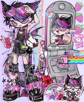  1other amatou_akuma androgynous animal_ear_piercing animal_ears bag bat_wings bead_charm belt belted_leg_warmers black_boots black_bow black_hair black_leg_warmers black_shorts boots bow can cat_ears cat_tail cellphone cellphone_charm chain chain_necklace character_bag character_charm character_doll charm_(object) chibi chibi_inset clothing_cutout colorful doll drink_can earrings emoticon eyeball eyewear_on_head fashion fingernails fishnet_top fishnets flip_phone flower food fruit full_body gir_(dog_costume)_(invader_zim) gir_(invader_zim) handbag heart_cutout hello_kitty hello_kitty_(character) heterochromia hibiscus highres holding holding_can invader_zim jewelry kaomoji leg_warmer_chain leg_warmers lol_comics long_fingernails monster_energy multicolored_hair multiple_views necklace nyan_cat original other_focus phone piercing pink-tinted_eyewear pink_eyes pink_hair pink_nails pom_pom_(clothes) pom_pom_earrings purple_belt purple_eyes purple_hair raccoon_tails_(hairstyle) rainbow sanrio scene_fashion sharp_teeth short_hair shorts skull solo_focus spiked_boots strawberry streaked_hair stuffed_animal stuffed_toy sunglasses tail tail_keychain teddy_bear teeth thick_eyelashes tinted_eyewear torn_clothes torn_shorts v wallet_chain wing_piercing wings yellow_pupils zoom_layer 