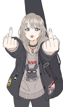  1girl animal_print black_choker black_pants black_sweater blue_eyes choker dog_print double_middle_finger dunchy girls_band_cry grey_hoodie highres hood hoodie instrument_case instrument_case_on_back instrument_on_back kawaragi_momoka looking_at_viewer middle_finger pants print_hoodie simple_background solo standing sweater tongue tongue_out white_background white_hair  rating:General score:11 user:danbooru