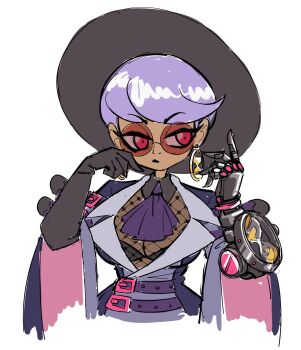 1girl 2019 altjira_(gemu) arm_strap ascot belt black_lips breasts chest_strap cleavage commentary constricted_pupils curvy dark-skinned_female dark_skin earrings elbow_gloves english_commentary female_focus fishnet_thighhighs fishnet_top fishnets flat_color flats full_body gloves gold grey_background hands_up hat highres jewelry joints lapels large_breasts long_sleeves looking_at_viewer mechanical_arms narrow_waist notched_lapels open_mouth original pants peachems_(gemu) purple_ascot purple_hair purple_shirt red-tinted_eyewear robot_joints shirt short_hair sideways_glance simple_background single_mechanical_arm smoke solo straight-on sun_hat sunglasses teeth thighhighs tinted_eyewear two-tone_shirt upper_teeth_only wide_sleeves