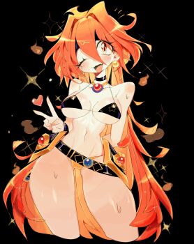  1girl belt bikini black_background black_belt black_bikini black_choker black_headband breasts choker commentary commission cropped_legs double-parted_bangs earrings english_commentary fang hair_between_eyes hand_up headband heart highres jewelry large_breasts lina_inverse long_hair looking_at_viewer one_eye_closed open_mouth orange_eyes orange_hair slayers smile solo sphere_earrings sweat swimsuit thighs usa37107692 v very_long_hair wide_hips 