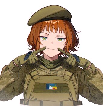  1girl bad_link beret bulletproof_vest camouflage camouflage_jacket digital_camouflage forced_smile french_flag gloves green_eyes hat highres jacket kotorigaka looking_at_viewer military_combat_uniform military_uniform mm14 natalie_(qvit11) orange_hair original patch pointing pointing_at_mouth pointing_at_self russo-ukrainian_war short_hair simple_background soldier ukrainian_flag wavy_hair white_background 