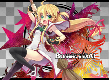 1girl arisa_bunnings blonde_hair bow burning_arisa female_focus fingerless_gloves gloves hair_bobbles hair_bow hair_ornament hair_ribbon long_hair lyrical_nanoha mahou_shoujo_lyrical_nanoha mahou_shoujo_lyrical_nanoha_a's minamura_haruki open_mouth ribbon shoes side_slit solo sword thighhighs uwabaki weapon 