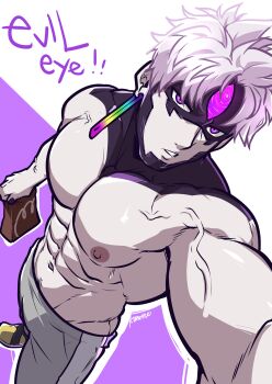  1boy abs absurdres black_nails character_name dandadan earrings enjoji_jin evil_eye_(dandadan) foreshortening from_above grey_pants hand_up highres holding jewelry kuroshinki large_pectorals looking_at_viewer male_focus male_underwear manly muscular muscular_male navel nipples pants parted_lips pectoral_cleavage pectorals possessed purple_eyes reaching reaching_towards_viewer rectangular_earrings shoes short_hair simple_background solo third_eye topless_male underwear v-taper veins veiny_arms white_hair white_male_underwear 