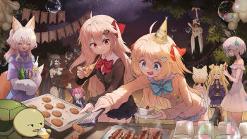 annytf aqua_eyes blue_bow blue_bowtie bow bowtie brown_hair cake cake_slice camila_(vtuber) cardigan cerber_(vtuber) ellie_minibot evil_neuro-sama filian_(vtuber) food happy_birthday holding holding_plate holding_tray indie_virtual_youtuber layna_lazar minikomew neuro-sama open_mouth pizza plate red_bow red_bowtie red_eyes sky standing star_(sky) starry_sky table tanziya_(codlxcold) tray vedal987 vedal_ai virtual_youtuber