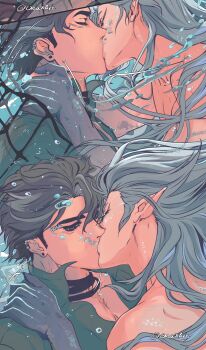  2boys absurdres air_bubble bandaged_neck bandages black_bandages black_hair bubble closed_eyes closed_mouth colored_extremities commentary ear_piercing earrings english_commentary fishing_net genshin_impact hand_on_another's_neck highres jewelry long_hair male_focus monsterification mouth-to-mouth_resuscitation multiple_boys naya_(onaxart) neuvillette_(genshin_impact) piercing shirt short_hair twitter_username wriothesley_(genshin_impact) 