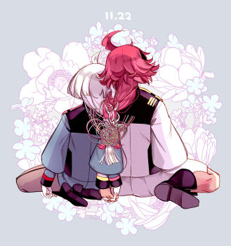  2girls ahoge black_boots boots commentary_request dated floral_background from_behind grey_background grey_hair grey_shirt grey_skirt gundam gundam_suisei_no_majo hair_ornament highres holding_hands interlocked_fingers izumiya_otoha layered_sleeves long_hair long_sleeves miorine_rembran multiple_girls red_hair shirt sitting skirt suletta_mercury white_shirt white_skirt yuri 
