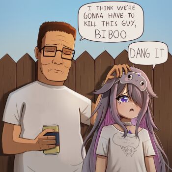  1boy 1girl beer_can black-framed_eyewear black_shirt brown_hair can chest_jewel choker colored_inner_hair commentary crossover drink_can english_commentary english_text fence frown furrowed_brow gem grey_hair hair_over_one_eye hank_hill headpat highres hololive hololive_english i_think_we're_gonna_have_to_kill_this_guy_steven_(meme) king_of_the_hill koseki_bijou long_hair mask mask_on_head meme multicolored_hair outdoors parted_lips picket_fence pink_hair purple_gem rectangular_eyewear shirt short_sleeves sleep_mask speech_bubble standing upper_body virtual_youtuber white_choker wooden_fence yume_(yume_ato29) 