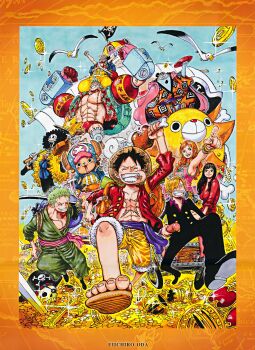  2girls absurdres afro antlers bad_link beard bird blue_skin brook_(one_piece) coin colored_skin cup facial_hair facial_scar flag franky_(one_piece) gold gold_coin hat highres horns jinbe_(one_piece) jolly_roger monkey_d._luffy multiple_girls muscular muscular_male nami_(one_piece) nico_robin oda_eiichirou official_art one_piece open_clothes open_shirt pirate_hat reindeer_antlers reindeer_boy roronoa_zoro running sakazuki sandals sanji_(one_piece) scar scar_on_cheek scar_on_face seagull skeleton skull straw_hat straw_hat_pirates sword third-party_source thousand_sunny tony_tony_chopper usopp weapon 