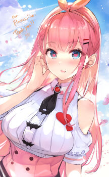  1girl absurdres ascot black_ascot blue_eyes blue_sky blush bow_hairband braid buttons cherry_blossoms clothing_cutout commentary commission english_commentary english_text eyelashes falling_petals hairband heart heart-shaped_pupils high-waist_skirt highres leotard long_hair looking_at_viewer multi-source_commentary open_mouth petals pink_hair pink_skirt production_kawaii purple_eyes purple_leotard reina_sun_(vtuber) shirt short_sleeves shoulder_blush shoulder_cutout side_braid skeb_commission skirt sky smile solo symbol-shaped_pupils tomochi_(tmc_tmc8) tucking_hair underbust virtual_youtuber white_shirt x-shaped_earrings 