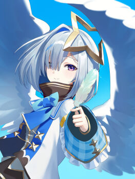  1girl absurdres amane_kanata amane_kanata_(1st_costume) angel_wings armband black_skirt blue_bow blue_bowtie blue_hair blue_sky bob_cut bow bowtie closed_mouth colored_inner_hair commentary day feathered_wings feathers grey_hair grey_jacket hair_over_one_eye halo highres holding holding_feather hololive jacket long_sleeves looking_at_viewer multicolored_hair mypace0079 outdoors purple_eyes sailor_collar shirt short_hair single_hair_intake skirt sky sleeve_cuffs smile solo star_halo symbol-only_commentary tilted_halo virtual_youtuber white_sailor_collar white_shirt white_wings wings 